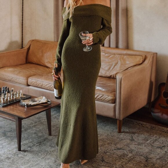 12th Tribe Dresses & Skirts - 12th Tribe Simone Dark Olive Sweater Maxi Dress Size LL